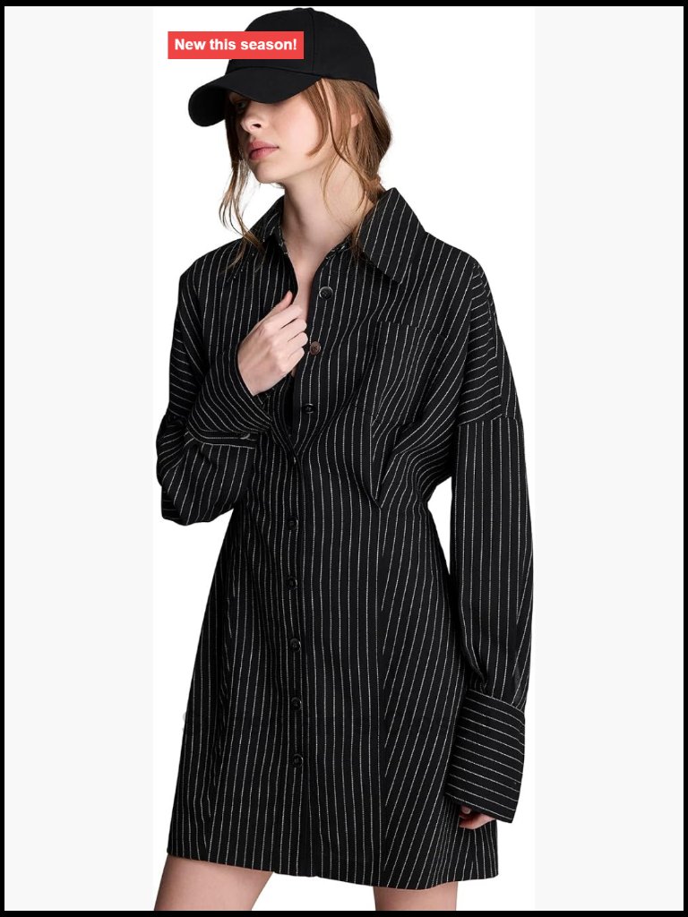 Long Sleeve Drop Shoulder Pinstripe Dress - Collared Neck Button Up